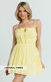 Jamaica Mini Dress - Ruched Bust Tiered Skirt Dress in Lemon